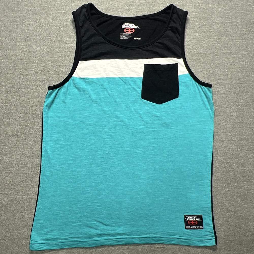 No Fear Tank Top Mens Medium Black Turquoise Blue Pocket Athletic Comfort Zone